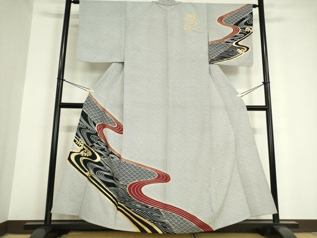 平和屋着物▽訪問着 単衣 流水鹿の子文 金彩 洗える着物 DAAV5697az