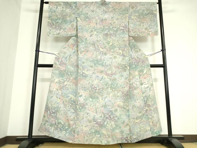 平和屋着物▽上質な小紋 単衣 更紗花鳥文 鬼しぼ縮緬 正絹 逸品 DAAV5759az