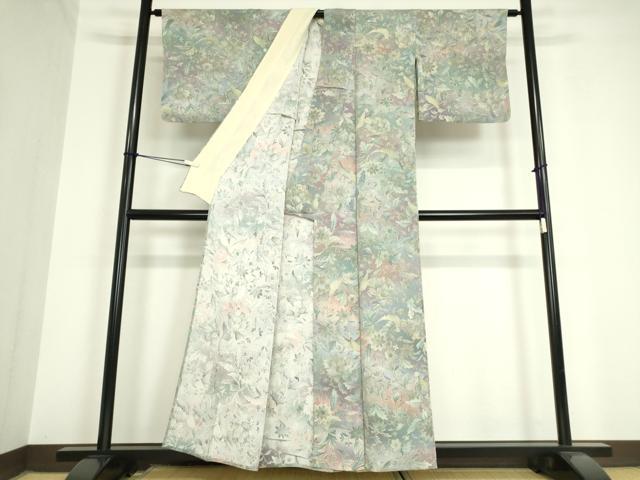 平和屋着物▽上質な小紋 単衣 更紗花鳥文 鬼しぼ縮緬 正絹 逸品 DAAV5759az