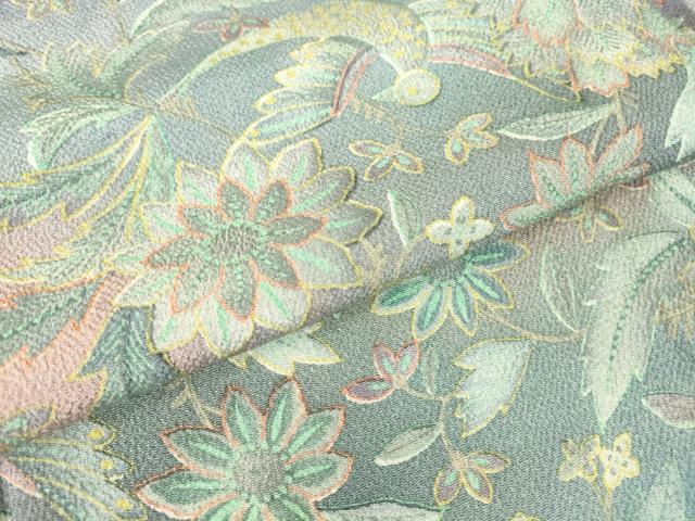 平和屋着物▽上質な小紋 単衣 更紗花鳥文 鬼しぼ縮緬 正絹 逸品 DAAV5759az