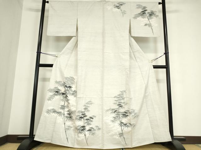 平和屋着物▽訪問着 単衣 紬地 笹竹文 手描き 正絹 逸品 DAAV5902az