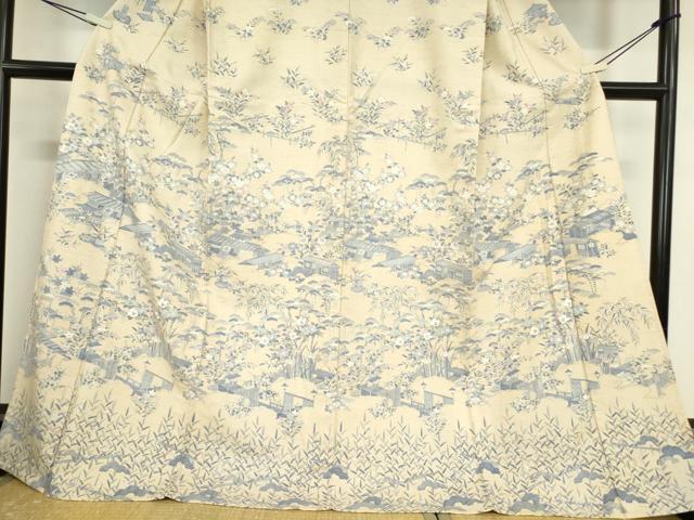 平和屋着物▽訪問着 単衣 紬地 風景花文 正絹 逸品 DAAV5903az