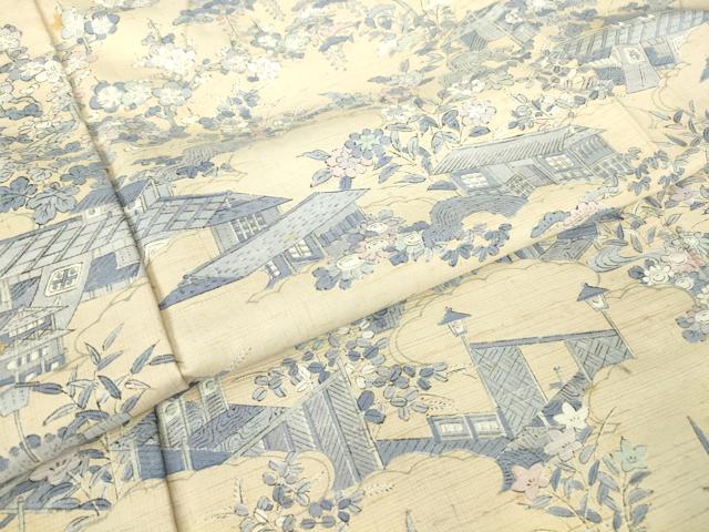 平和屋着物▽訪問着 単衣 紬地 風景花文 正絹 逸品 DAAV5903az