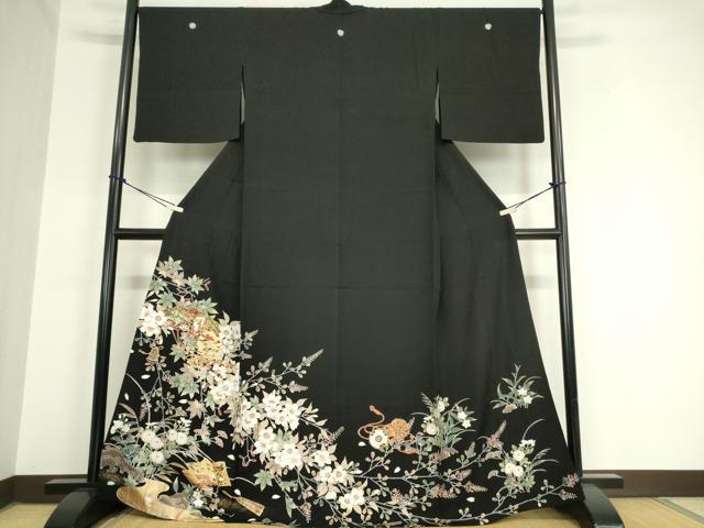 平和屋着物▽豪華黒留袖 単衣 駒刺繍 御所車楽器花文 金銀彩 正絹 逸品 DAAV5916az