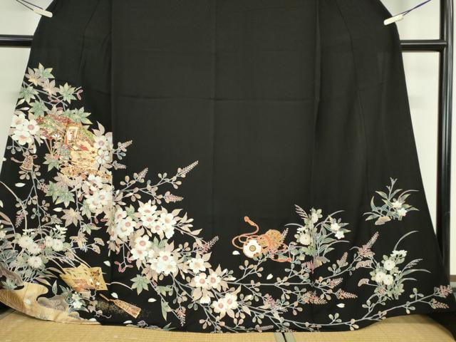 平和屋着物▽豪華黒留袖 単衣 駒刺繍 御所車楽器花文 金銀彩 正絹 逸品 DAAV5916az
