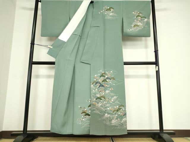 平和屋着物▽訪問着 単衣 刺繍 浜松風景文 金糸 正絹 逸品 DAAV5946az