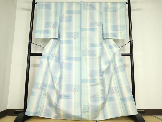 平和屋着物▽上質な紬 単衣 格子草花文 正絹 逸品 未使用 DAAV5967az