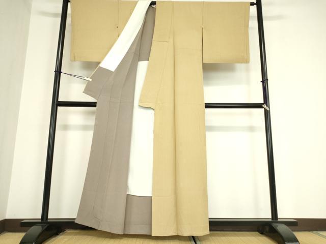 平和屋着物▽上質な色無地 単衣 縞地紋 枯色 正絹 逸品 DAAV5971az