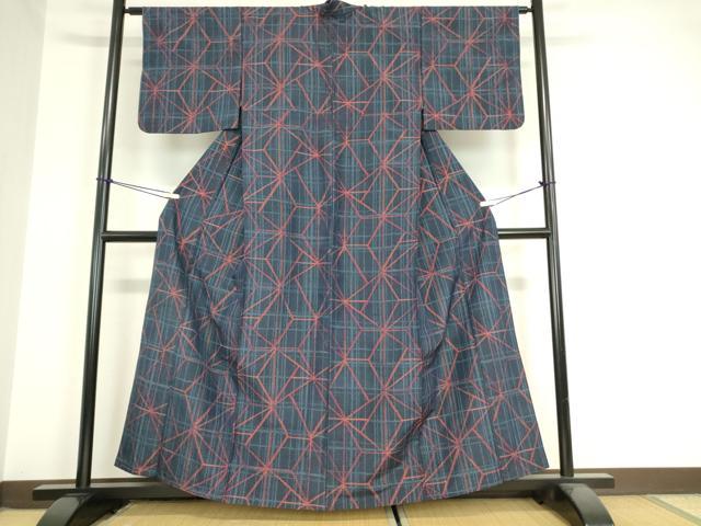 平和屋着物▽上質な紬 単衣 麻の葉文 正絹 逸品 DAAV5990az