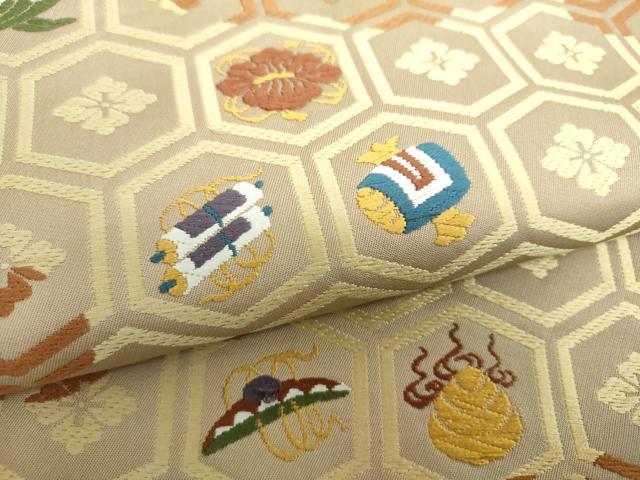 平和屋着物●全通柄袋帯 唐織 宝尽くし 亀甲花文 正絹 逸品 未使用 DAAV6045ps