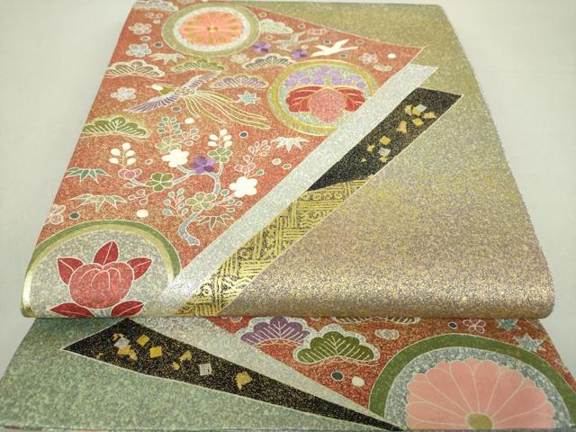 平和屋着物●京友禅の第一人者 松井青々 太鼓柄袋帯 駒刺繍 花鳥丸文 金銀彩 金通し地 正絹 逸品 未使用 DAAV6060ps