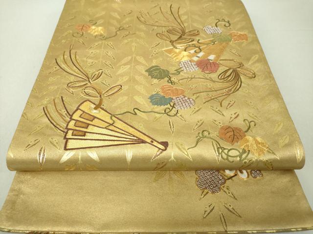 平和屋着物●太鼓柄袋帯 駒刺繍 檜扇吉祥花文 金彩 引箔 正絹 逸品 DAAV6134ps