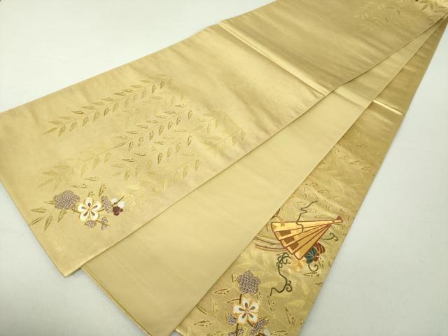 平和屋着物●太鼓柄袋帯 駒刺繍 檜扇吉祥花文 金彩 引箔 正絹 逸品 DAAV6134ps