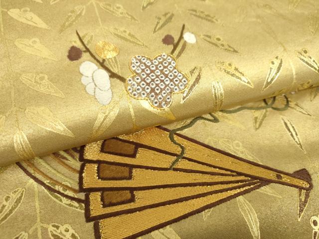平和屋着物●太鼓柄袋帯 駒刺繍 檜扇吉祥花文 金彩 引箔 正絹 逸品 DAAV6134ps