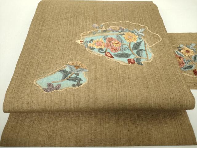 平和屋着物●中国三大刺繍 相良刺繍 総刺繍 九寸名古屋帯 紬地 草花文 正絹 逸品 未使用 DAAV6223ps