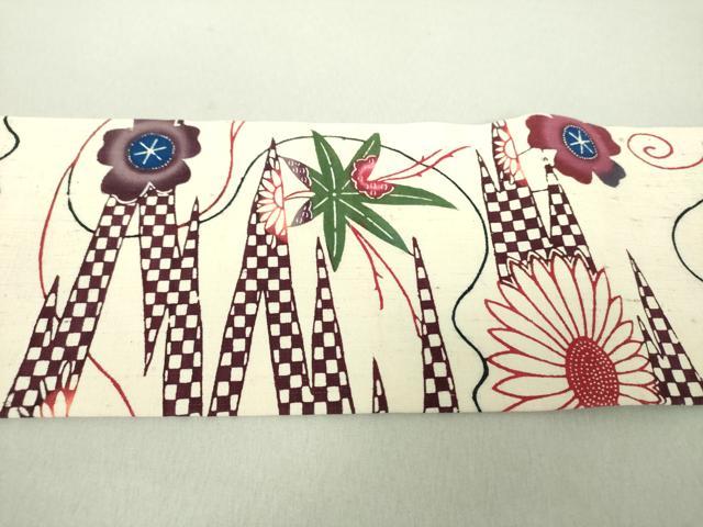 平和屋着物●全通柄九寸名古屋帯 紬地 本場琉球紅型 吉祥花文 正絹 逸品 未使用 DAAV6256ps