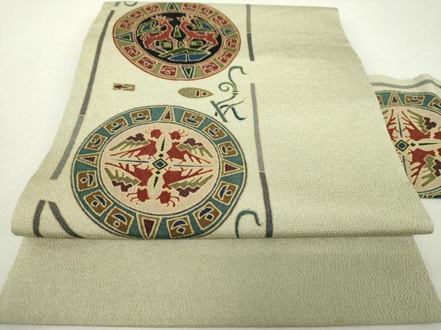 平和屋着物●九寸名古屋帯 鳥獣丸文 鬼しぼ縮緬 正絹 逸品 未使用 DAAV6449ps