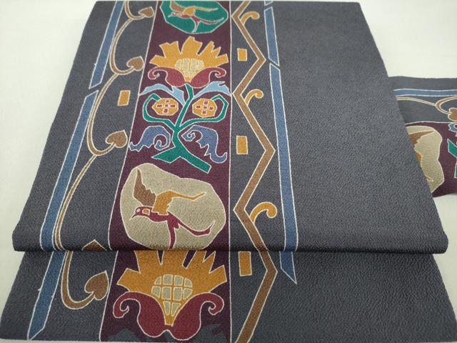 平和屋着物●全通柄九寸名古屋帯 花鳥文 鬼しぼ縮緬 正絹 逸品 未使用 DAAV6453ps