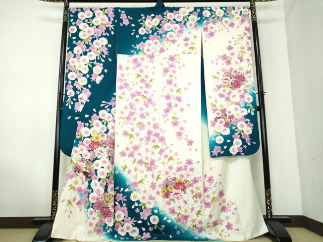 平和屋着物●豪華振袖 刺繍 枝垂れ桜 花丸文 暈し染め 金彩 銀通し地 正絹 逸品 DAAV6618ps