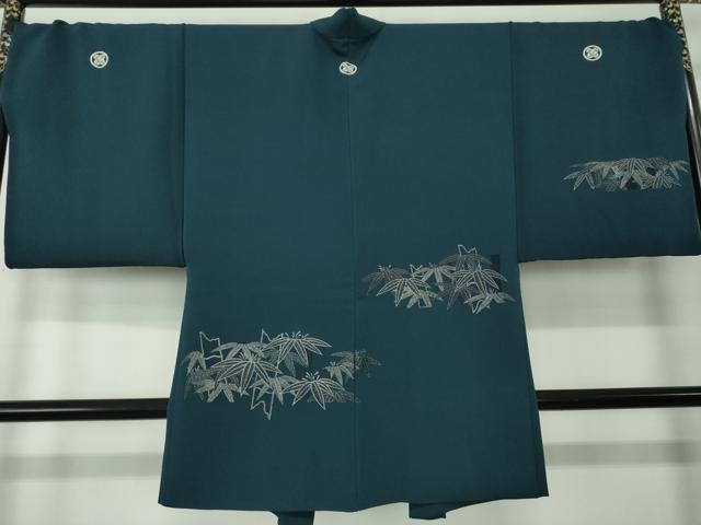 平和屋着物●男性 色紋付 羽織セット 長羽織 着物・御召御納戸色 羽織・百入茶色 正絹 逸品 DABD1700ps
