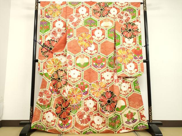 平和屋着物●豪華振袖 駒刺繍 亀甲草花文 金彩 正絹 逸品 DAAV8737tw