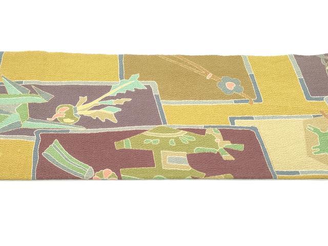 平和屋着物●全通柄九寸名古屋帯 型染め 成り物 幾何学間道 金彩 鬼しぼ縮緬 正絹 逸品 DAAV9428ob
