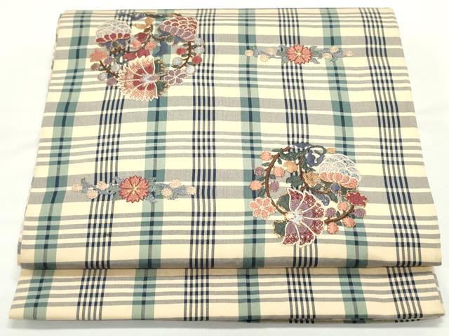 平和屋着物●両面 太鼓柄袋帯 総刺繍 格子花唐草丸文 金糸 正絹 逸品 DAAV9061ob