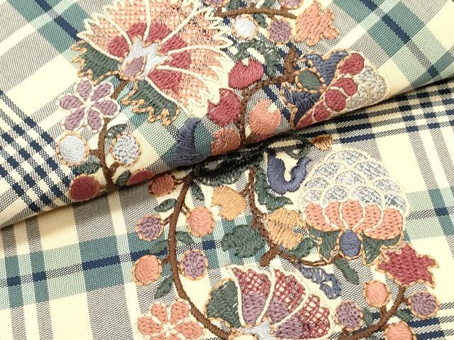 平和屋着物●両面 太鼓柄袋帯 総刺繍 格子花唐草丸文 金糸 正絹 逸品 DAAV9061ob