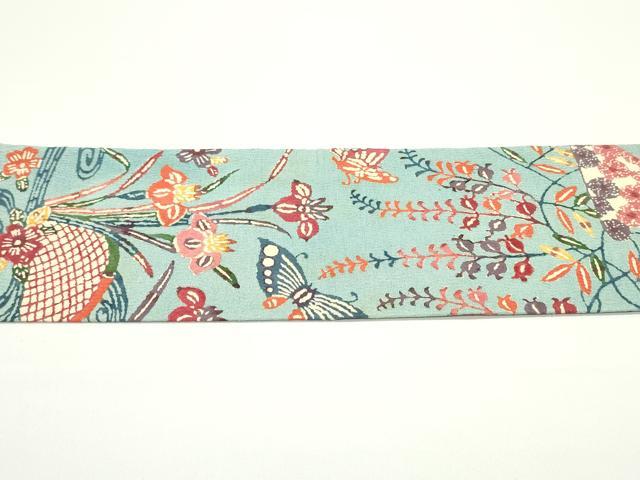 平和屋着物●九寸名古屋帯 型染め 籬花蝶文 鬼しぼ縮緬 正絹 逸品 DAAV9062ob