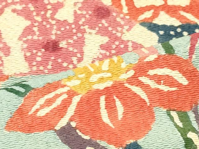 平和屋着物●九寸名古屋帯 型染め 籬花蝶文 鬼しぼ縮緬 正絹 逸品 DAAV9062ob