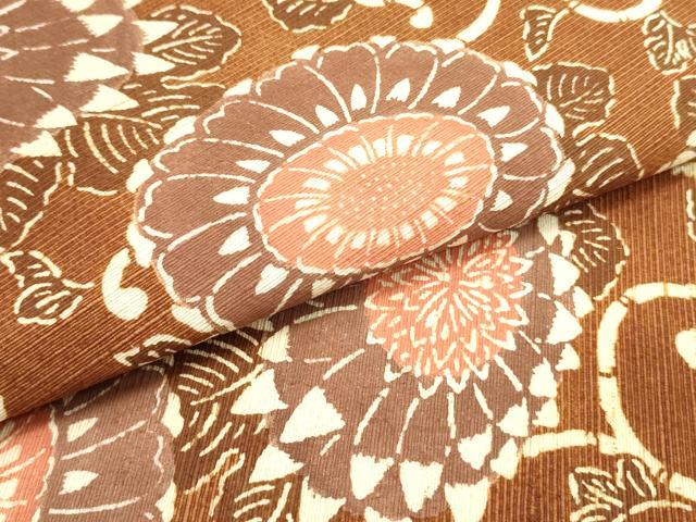 平和屋着物●九寸名古屋帯 紬地 型染め 花唐草文 煉瓦色 正絹 逸品 DAAV9082ob