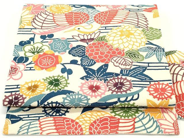 平和屋着物●全通柄九寸名古屋帯 型染め 流水花鳥文 鬼しぼ縮緬 正絹 逸品 DAAV9088ob
