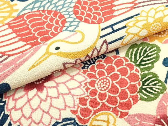 平和屋着物●全通柄九寸名古屋帯 型染め 流水花鳥文 鬼しぼ縮緬 正絹 逸品 DAAV9088ob