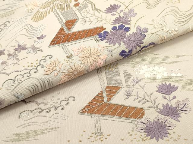 平和屋着物●塩瀬 九寸名古屋帯 総刺繍 立波風景花文 金銀糸 正絹 逸品 DAAV9100ob