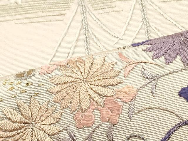 平和屋着物●塩瀬 九寸名古屋帯 総刺繍 立波風景花文 金銀糸 正絹 逸品 DAAV9100ob