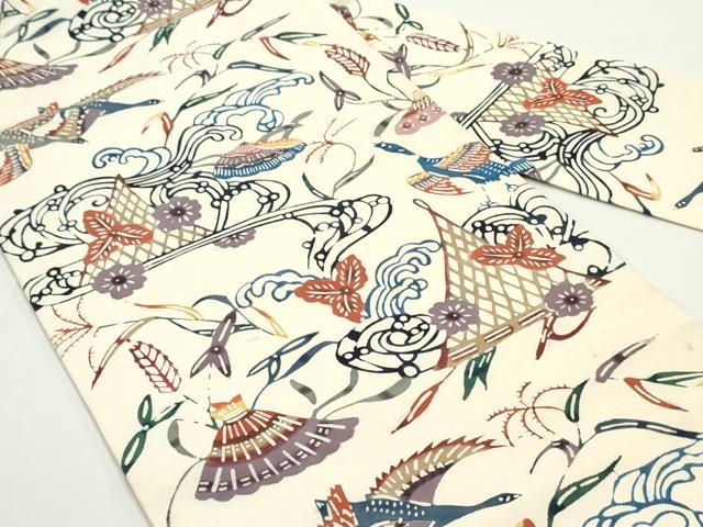 平和屋着物●塩瀬 九寸名古屋帯 型染め 流水籬花鳥文 生成り色 正絹 逸品 DAAV9103ob