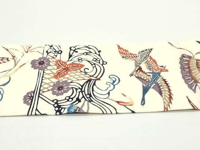 平和屋着物●塩瀬 九寸名古屋帯 型染め 流水籬花鳥文 生成り色 正絹 逸品 DAAV9103ob