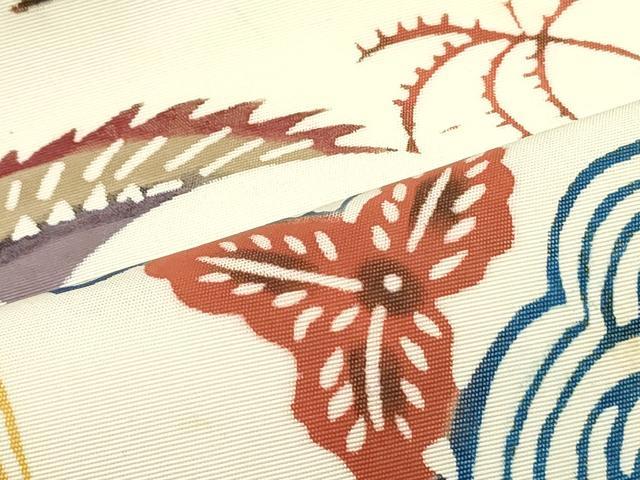 平和屋着物●塩瀬 九寸名古屋帯 型染め 流水籬花鳥文 生成り色 正絹 逸品 DAAV9103ob