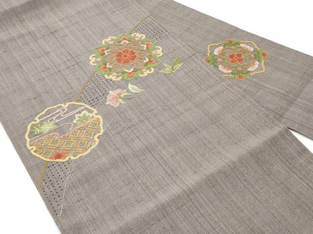 平和屋着物●中国三大刺繍 スワトウ刺繍 汕頭刺繍 相良刺繍 総刺繍 九寸名古屋帯 紬地 正倉院雪輪花文 鳩羽色 正絹 逸品 未使用 DAAV9143ob
