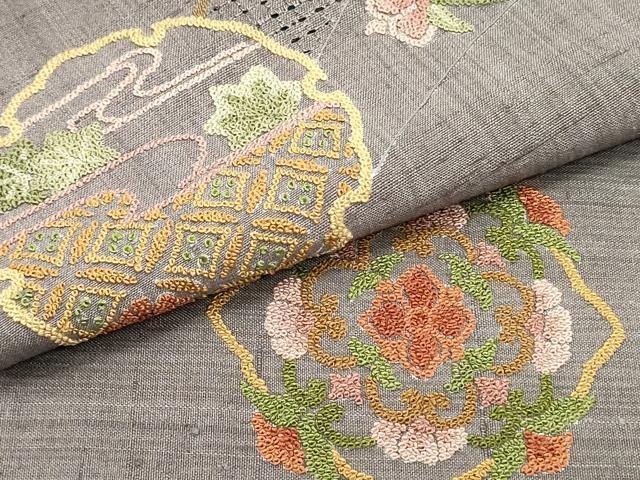 平和屋着物●中国三大刺繍 スワトウ刺繍 汕頭刺繍 相良刺繍 総刺繍 九寸名古屋帯 紬地 正倉院雪輪花文 鳩羽色 正絹 逸品 未使用 DAAV9143ob