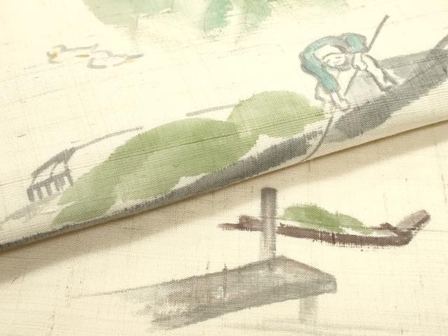 平和屋着物●九寸名古屋帯 手描き 生紬 風景人物文 肌色 正絹 逸品 DAAV9247ob