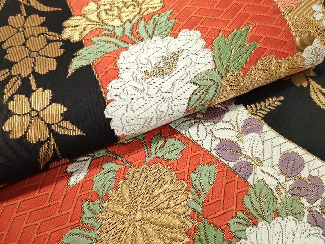 平和屋着物●六通柄袋帯 唐織 短冊草花文 黒地 金糸 正絹 逸品 DAAV9271ob