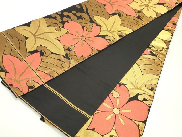 平和屋着物●織物一筋名門 織悦 全通柄 本袋帯 立波花文 黒地 金糸 正絹 逸品 DAAV9296ob