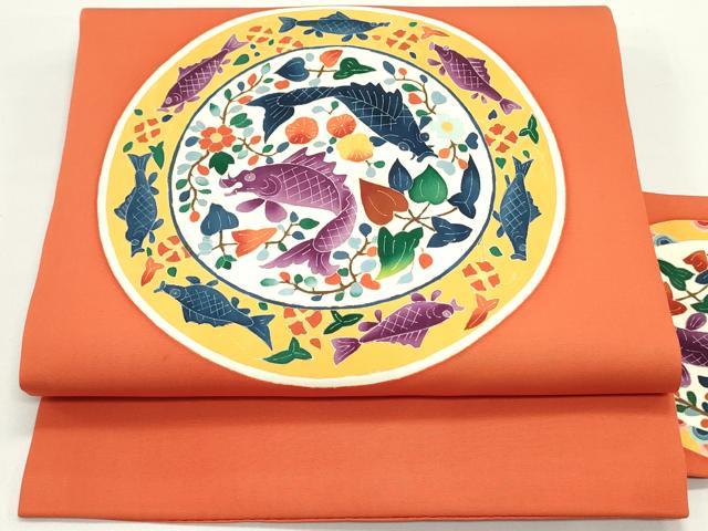 平和屋着物●本加賀友禅作家 水野博 塩瀬 九寸名古屋帯 魚花唐草丸文 丹色 正絹 逸品 DAAV9305ob