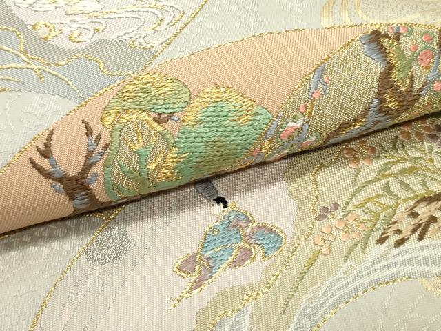 平和屋着物●六通柄袋帯 唐織 流水地紙重ね草花文 金糸 正絹 逸品 DAAV9334ob