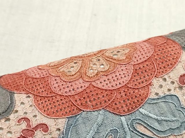 平和屋着物●中国三大刺繍 スワトウ刺繍 汕頭刺繍 相良刺繍 総刺繍 太鼓柄袋帯 紬地 色紙重ね花唐草菱文 反端付き 正絹 逸品 DAAV9372ob