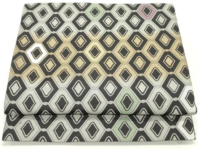 平和屋着物●六通柄袋帯 菱繋ぎ文 黒地 金糸 正絹 逸品 DAAV9401ob