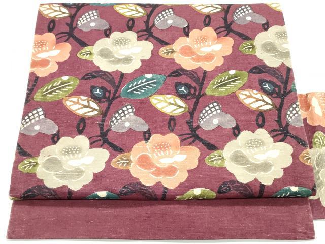 平和屋着物●九寸名古屋帯 紬地 型染め 草花文 正絹 逸品 DAAV9503ob