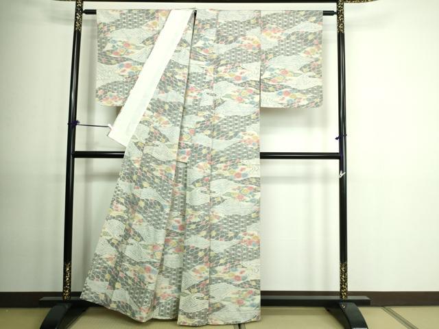 平和屋着物▽上質な紬 単衣 草花文 正絹 逸品 DAAV9539sf