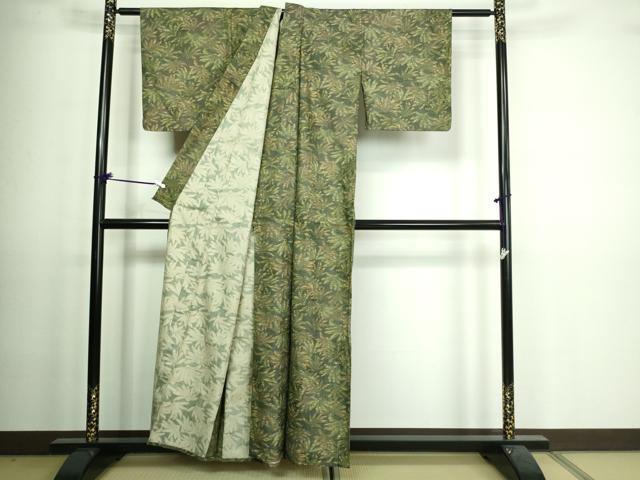 平和屋着物▽上質な紬 単衣 110亀甲 草葉文 正絹 逸品 DAAV9586sf
